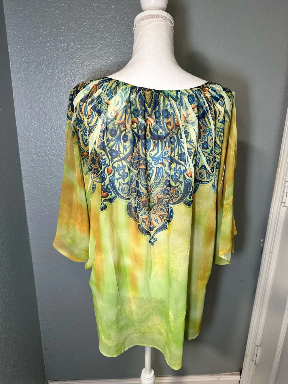 S-Twelve Green and Blue Paisley-Print Button Front Blouse